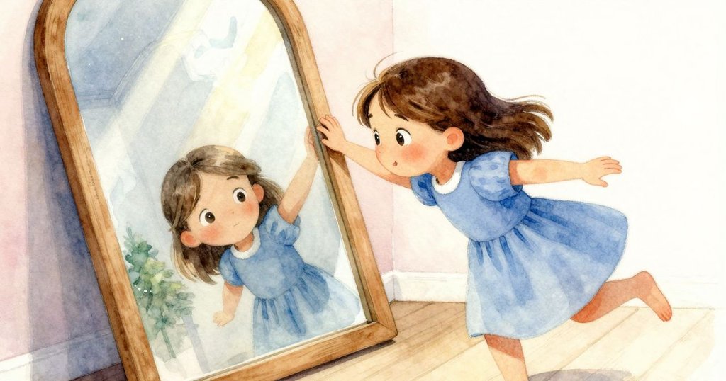 Tara驚訝凝視鏡子滑動，木楔推動書本彎曲，光束斜射天花板，視角傾斜展現動感