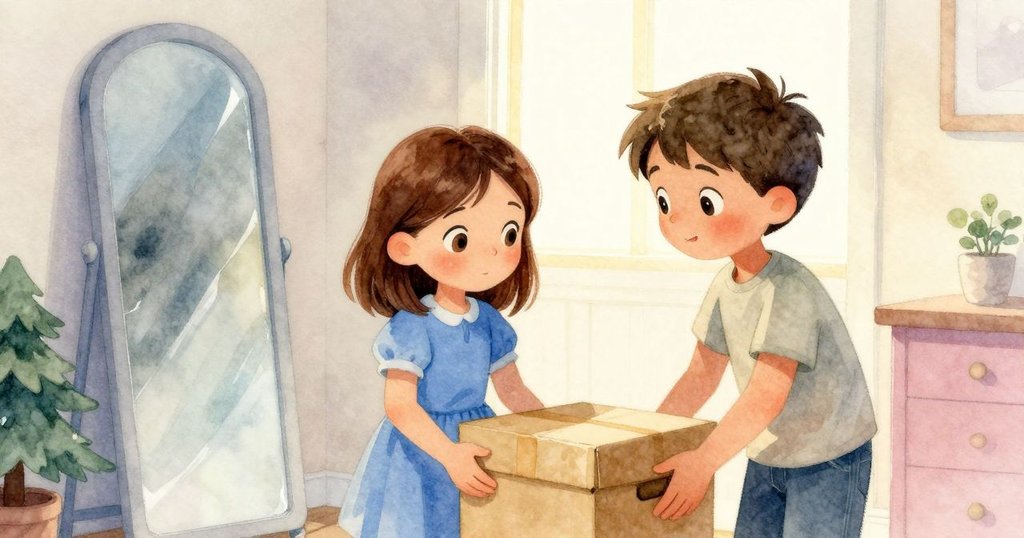 Hugo輕推箱子穩固鏡陣，室內光線由明轉黃，Tara注視著光束滑落至白卡，時間流動感明顯