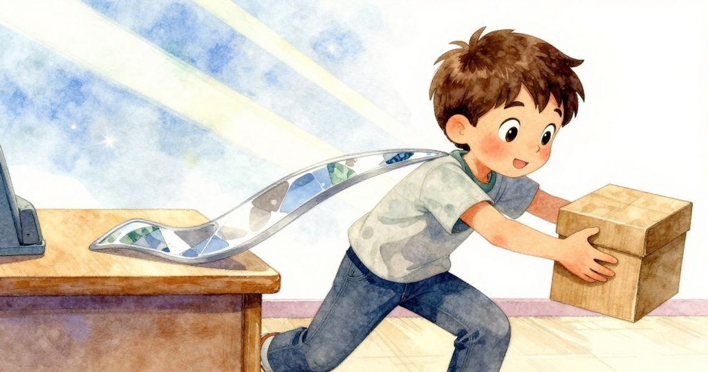 Hugo急速推動箱子，光束追隨白卡，桌上透明鏡套滑脫，室內動感明快，氣氛活躍