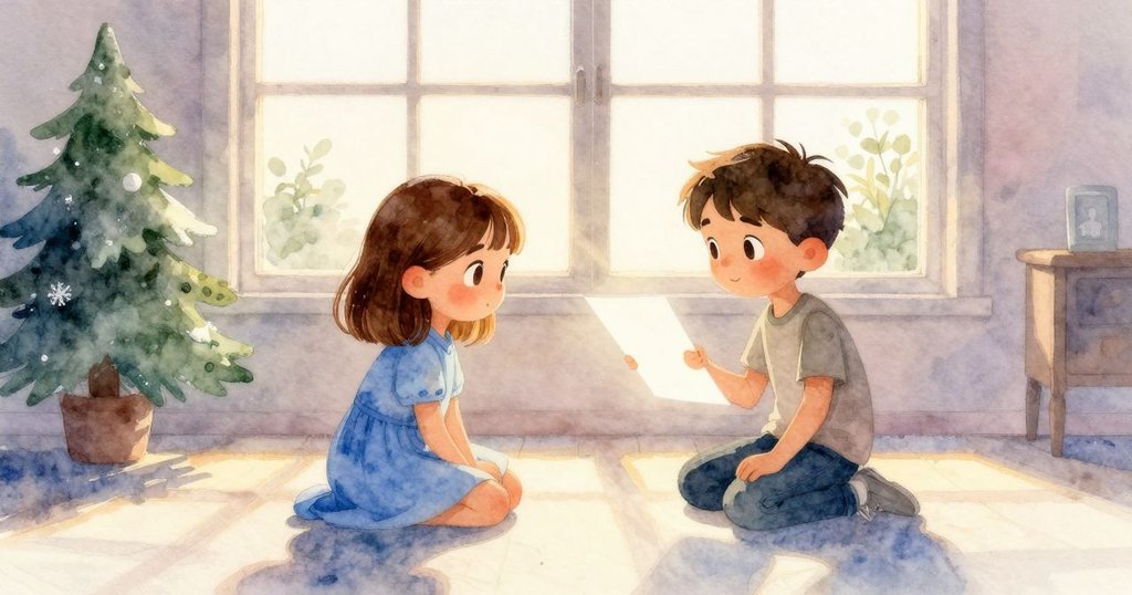 Tara與Hugo在夕陽微光中欣賞穩定光束照射白卡，房間充滿金色暖意，窗簾隨風輕舞，結局寧靜美好