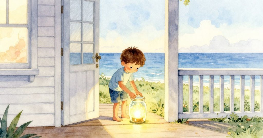 德雷克在門廊踏步處仔細檢查罐子,背景中父母整理園藝工具,神情好奇,傍晚柔和光線中展現探索開始。