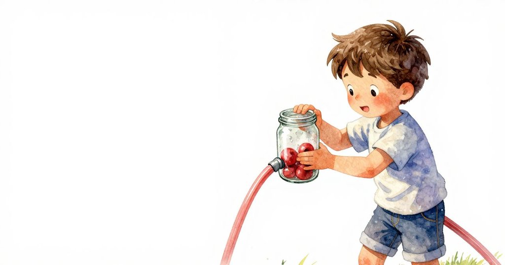 德雷克在戶外靜思,對比檢查充滿露珠的軟管與內部混濁罐子,神情專注呈現自然細節之美。