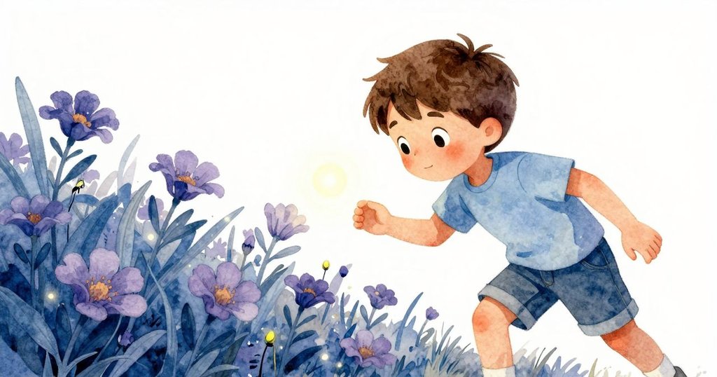 德雷克走向花床,藍灰色莖間閃爍著銀光蟲光,以傾斜角度呈現探索驚奇與動態感。