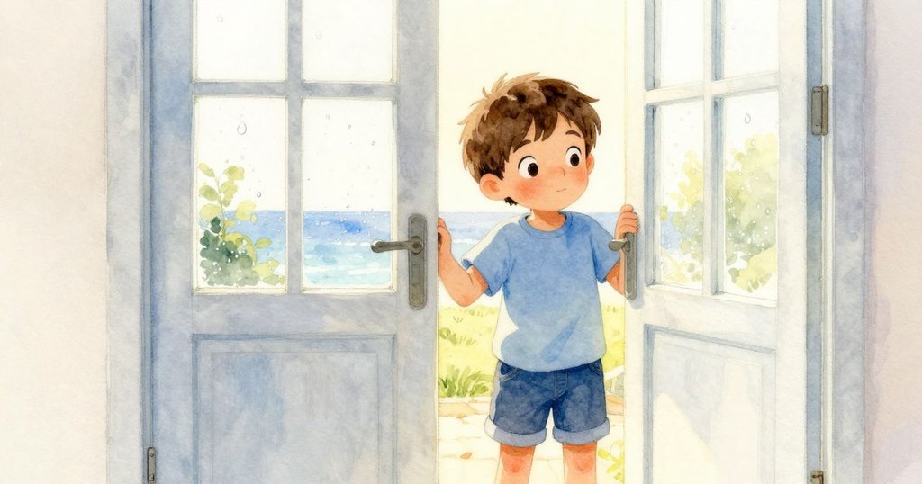 德雷克在開啟的紗門旁停下,透過門縫望見溫暖室內光線與露水覆蓋的戶外場景,神情沉思。