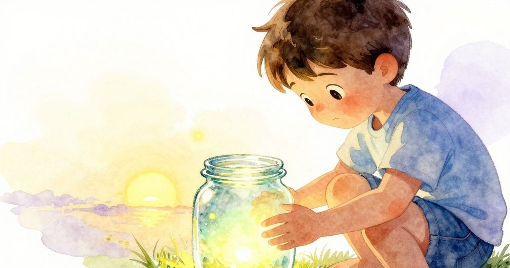 德雷克滿臉欣慰望著罐中三盞螢火,玻璃映出淡綠光環,螢火飛入茉莉枝間,落日餘暉中結束冒險。