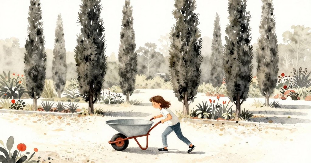 塔姆辛在花園中推著空手推車，踏碎碎石小徑，背景有釋放樹脂的高樹和香草床，表情充滿好奇與專注