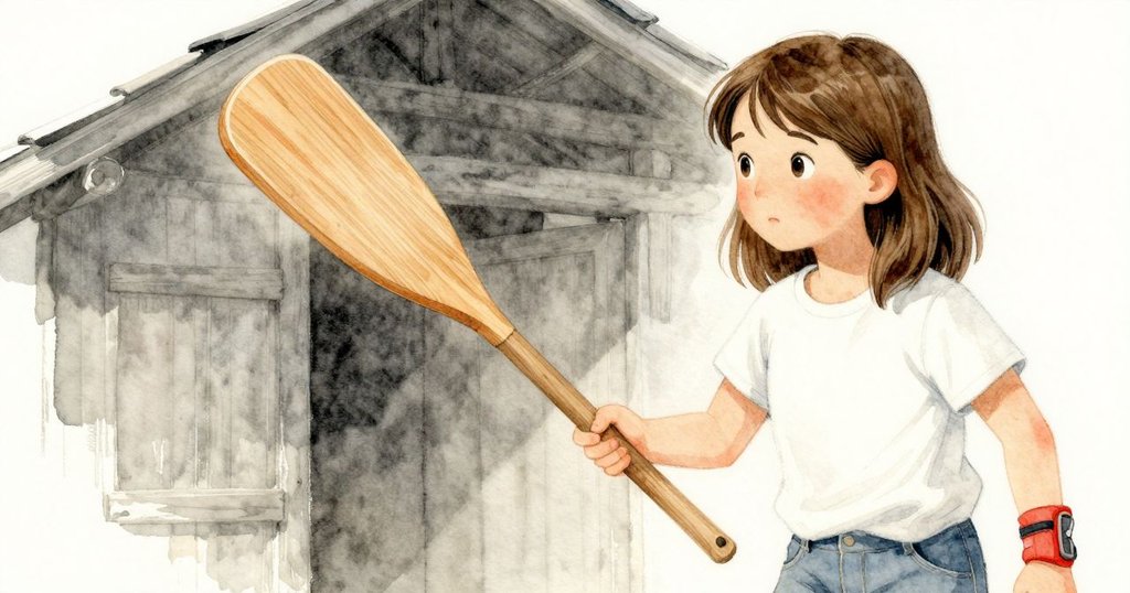 塔姆辛在陰暗的棚子中伸手取出彎曲木撬棍，細節刻劃出撬棍的質感與雨後痕跡，氛圍柔和