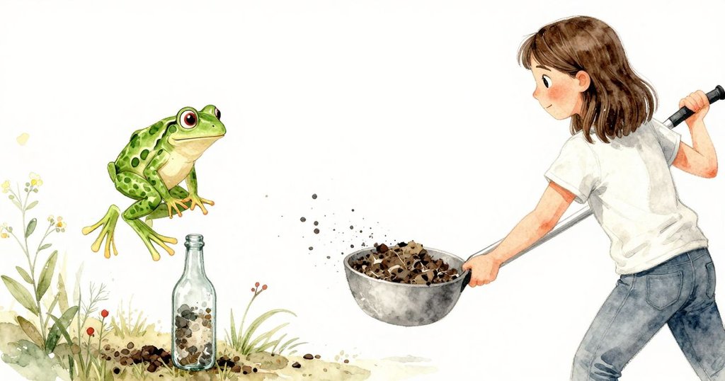 塔姆辛專注用撬棍攪動堆肥，身後一隻綠蛙驚跳至玻璃瓶上，動作利落、表情轉為驚訝