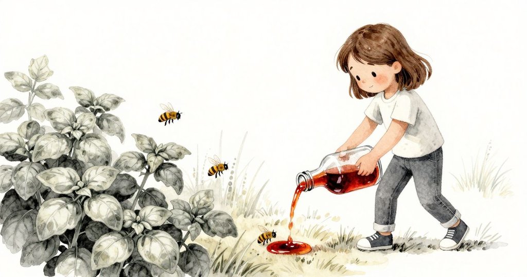 玻璃瓶在潮濕堆肥邊緣滾動，釋放出黏稠糖液吸引條紋蜜蜂飛向羅勒園，光影自晨曦轉至柔和夕陽