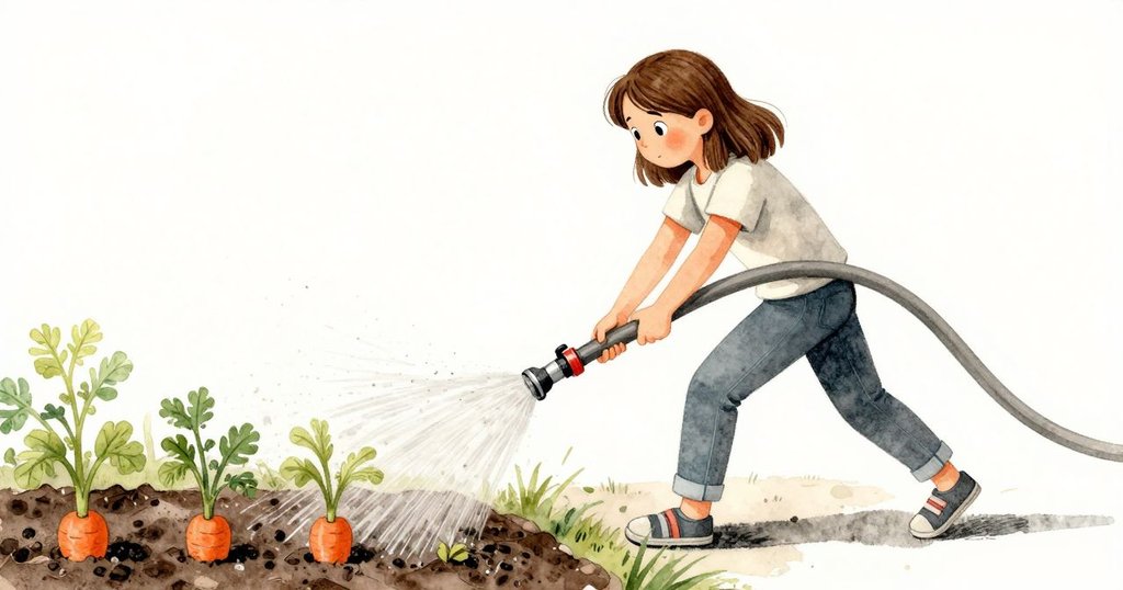 塔姆辛面露緊張急速踩住軟管，制止洩水危及剛播種胡蘿蔔，動作果決動感十足