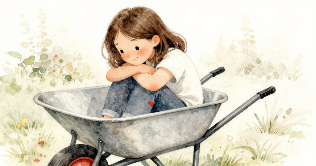 塔姆辛坐在手推車旁靜靜休息，滿足地觀察著細碎堆肥在微光中流動，氛圍平靜溫暖