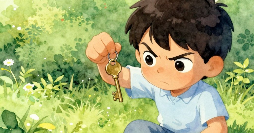 格里爾專注將黃銅鑰匙掛上繩子，眼神堅定，近距離捕捉他的細膩動作與決心，背景隱約見花園。