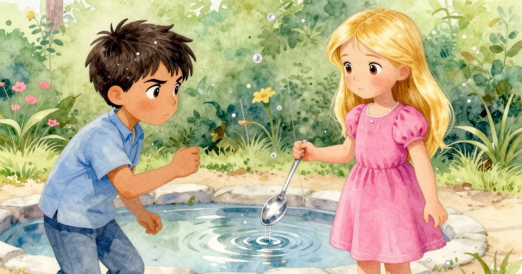 花園地面上小水潭中倒映著轉動的湯匙與繩子，動態混亂卻充滿藝術美感，呈現光影魔幻瞬間。