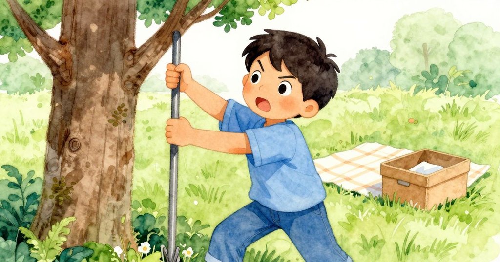 格里爾運用花園樁作槓桿，將樹枝緩慢壓低，背景中毛毯與供應箱點綴，展現巧妙與靈活。