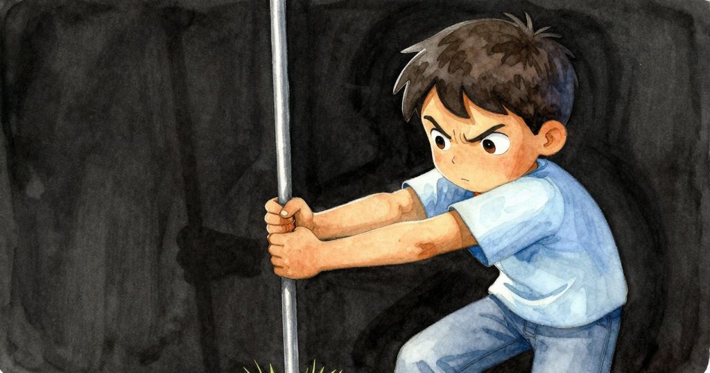 格里爾費力拉扯卡住於隱藏樹根的樁子，面部表情充滿糾結與堅持，細膩展現內心掙扎。