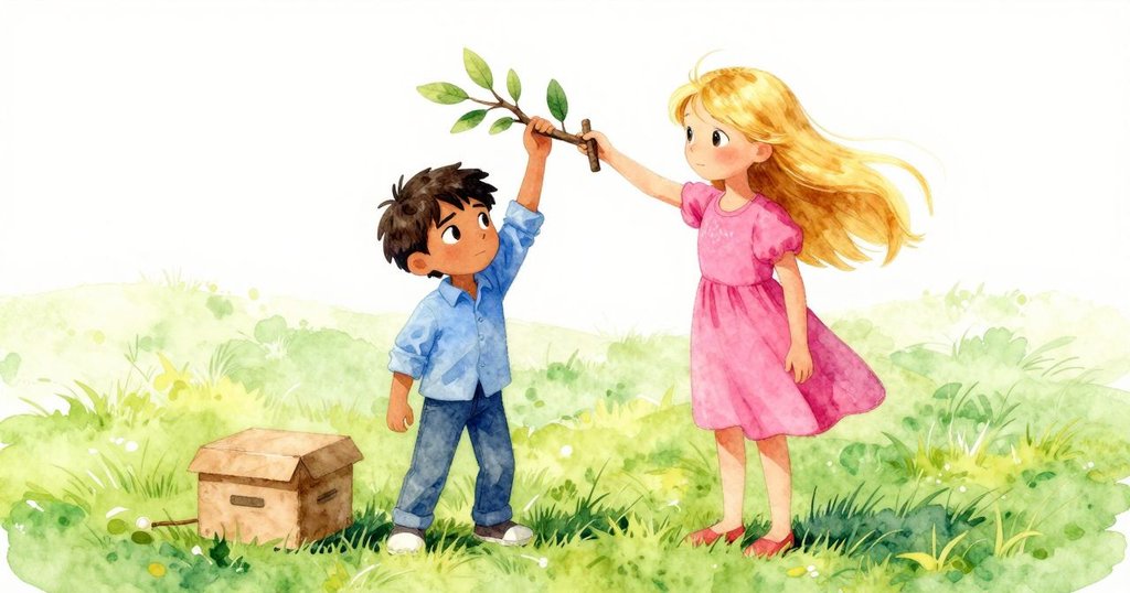 格里爾成功將樹枝抬高，樁子掉落毛毯邊，皮爾露出釋然笑容，花園中充滿和煦光線與清新氣息。