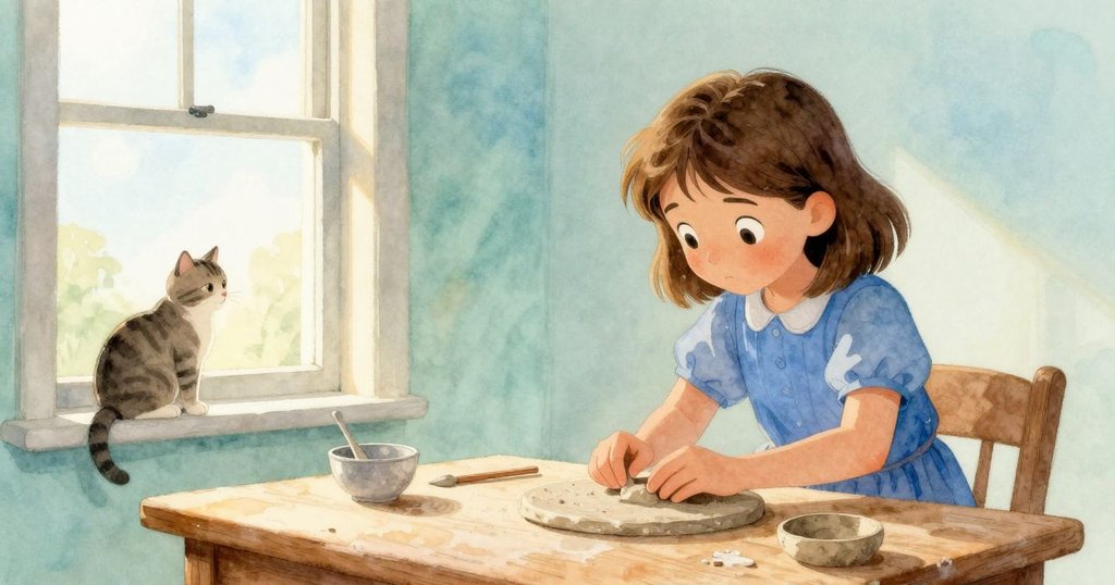 奧黛特在木桌前準備黏土,窗外晨光微霧,窗台上貓咪靜臥,展現溫馨開始。