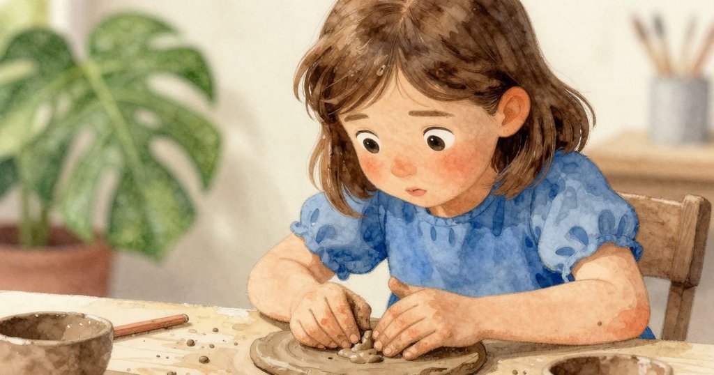 奧黛特的雙手仔細壓制黏土,細節展現手工印記,傳達專注與溫柔工藝。