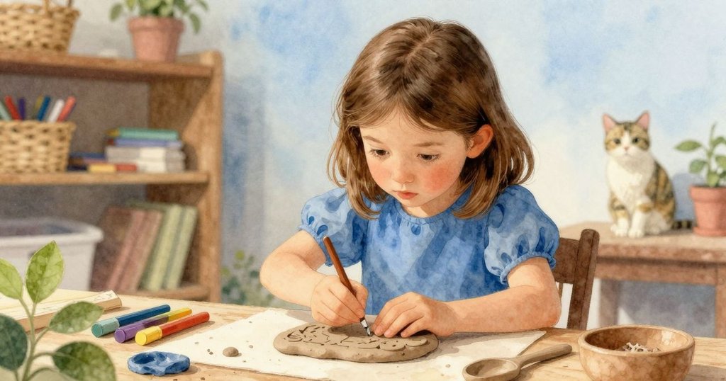 奧黛特整理印章工具,前景展現黏土細節,背景架上工具與窗台貓咪營造層次感。