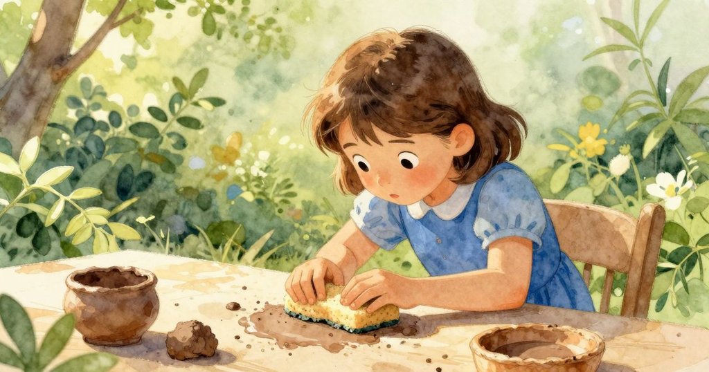 奧黛特用海綿探查堅硬黏土,陽光照亮紋理,專注神情顯示出認真檢查質感。