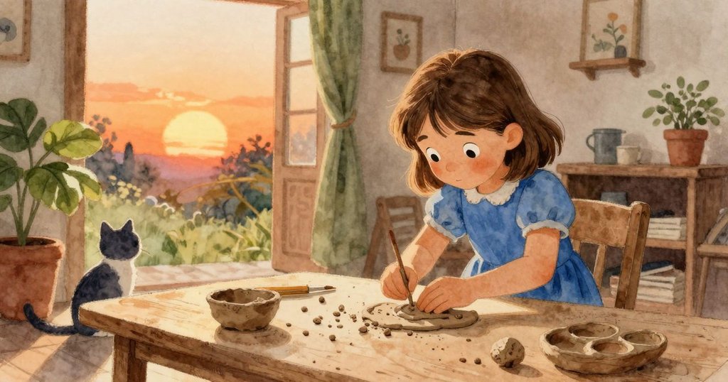 奧黛特完成黏土作品,小心清理並放置於低架上,夕陽餘暉灑滿室內,貓咪靜靜陪伴見證成果。