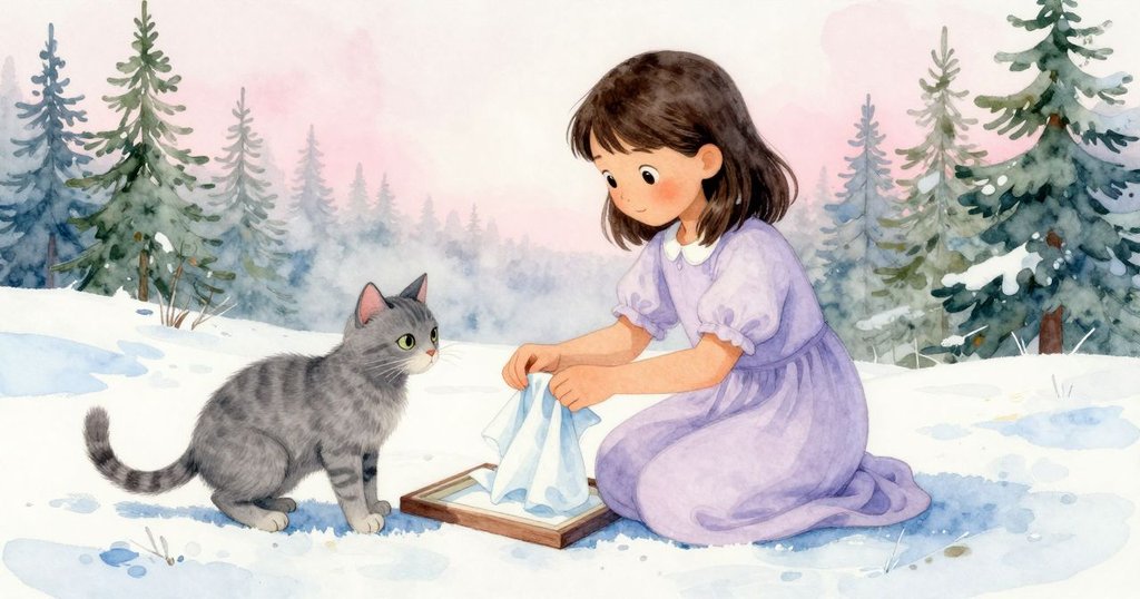 Mae 在戶外供應桌旁整理藍色紙巾,灰貓在混凝土上注視,柔和晨光中浮動的情景