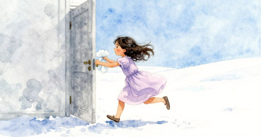 Mae 手持紙張走向開放門口,戶外明亮日光灑落,微風吹拂紙張,展現動感轉換