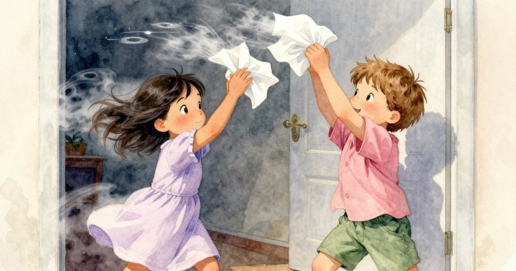 Mae 與 Max 協調動作,揚起層疊紙張形成波浪狀,風勢增強中表露專注與決心