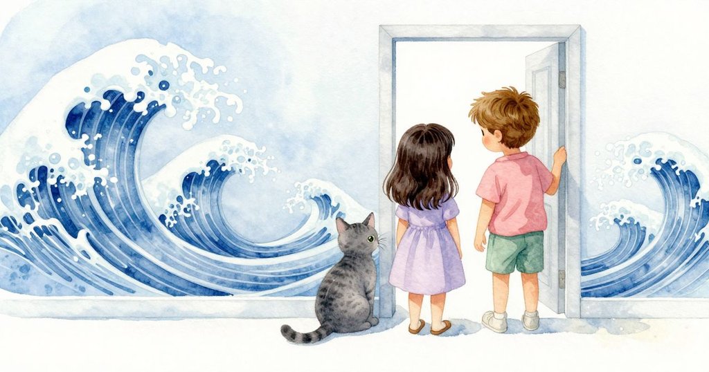 Mae 與 Max 滿意欣賞藍色波浪圖案,灰貓靜靜休息,落實溫馨平和的結局,整體和諧場景