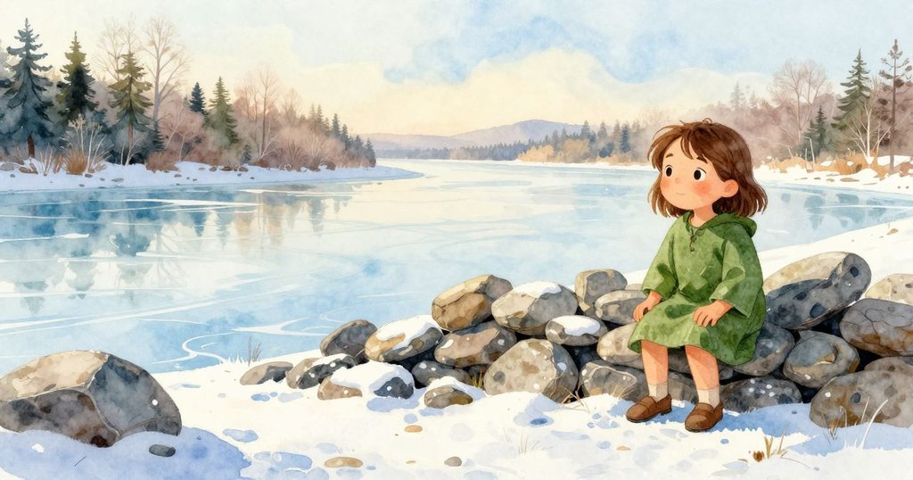 Darla站在河邊石堆旁，輕柔晨光中展現決心，背景有流動的河水與遠處細長石影