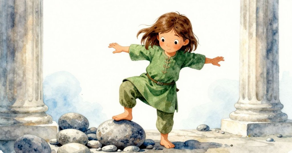 Darla正專注建造石塔，小心將盤狀石放在鵝卵石上，背景有古老石柱與輕柔微風