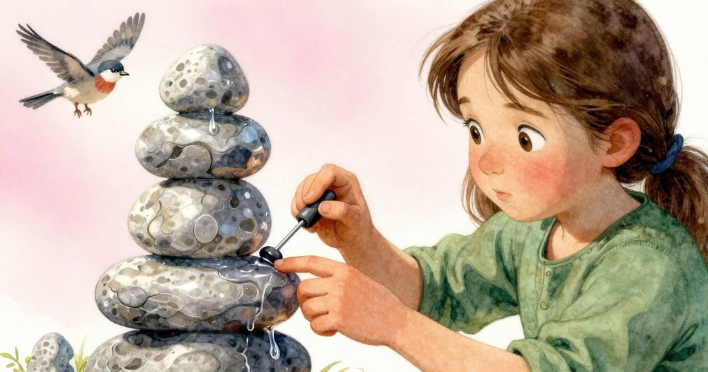 鳥爪輕觸石頭使石塔微顫，Darla迅速反應，專注握住濕滑墊片，表情堅定，背景見河畔石礫