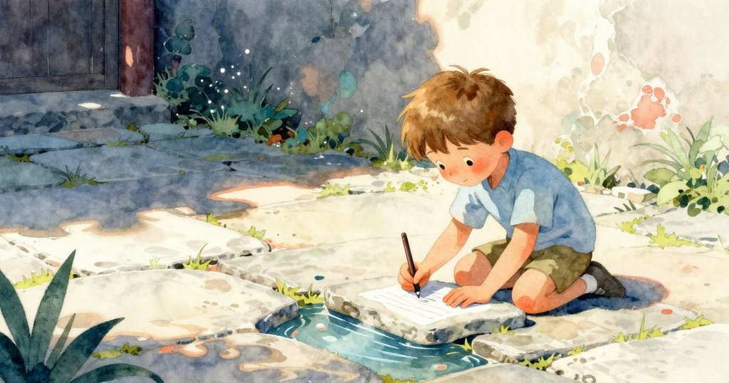 特倫特在庭院中乾石板旁用粉筆作畫,周圍落葉隨風飄動,背景傳來輕柔的自行車聲,充滿靜謐氛圍