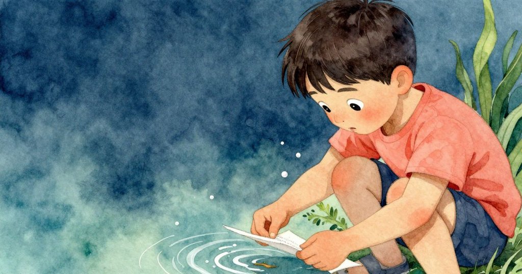 懷亞特專注展開他的畫本,手部細節清晰呈現,背景石板上的水波輕輕蕩漾,充滿期待情緒