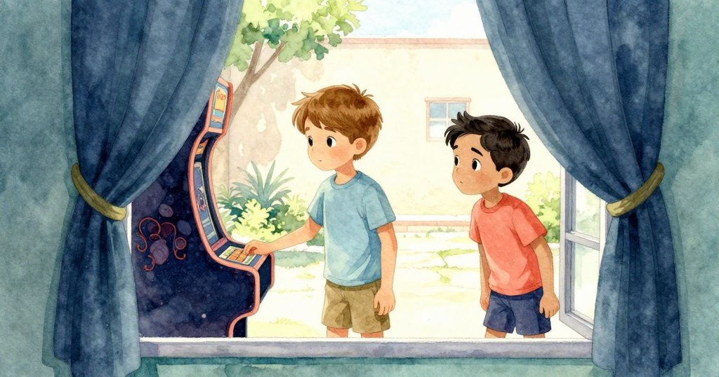 從室內拱窗望向庭院,厚重窗簾框住外景,戶外溫暖且微帶塵土氣息,展現內外對比之美