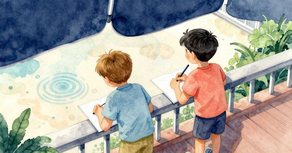 從陽台俯瞰庭院,兩位男孩在荫涼處創作,潮汐般的水波和樹影交錯,呈現多層次光影變化