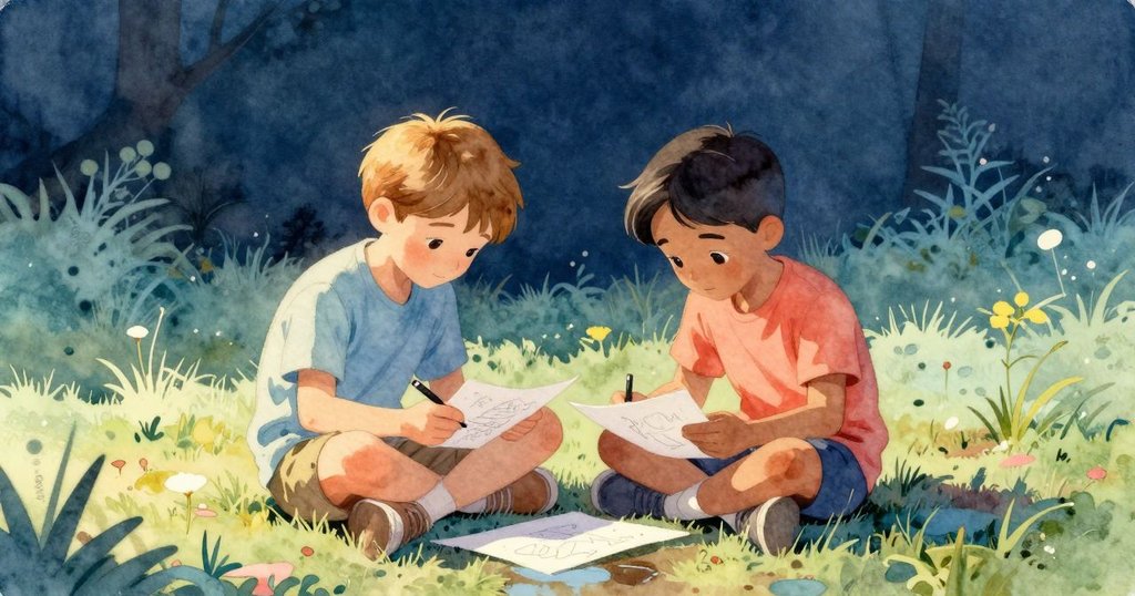 傍晚金色柔光中,特倫特與懷亞特並肩坐在石板邊,靜觀看著完成的畫作與平靜水面,流露成就與寧靜情懷