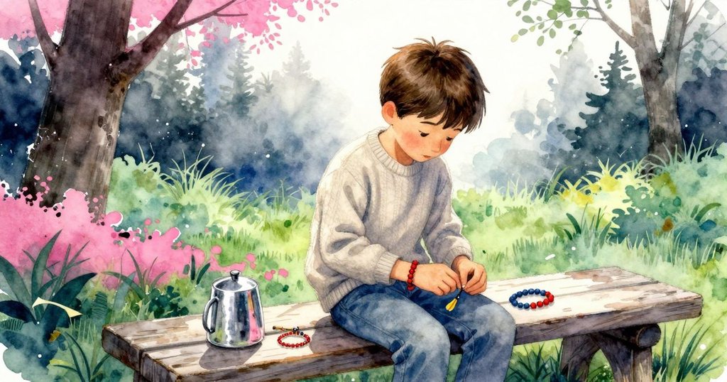 克萊德坐在長椅上製作手鍊,背景有橡樹與操場,晨霧淡雅,情緒專注,故事開端。