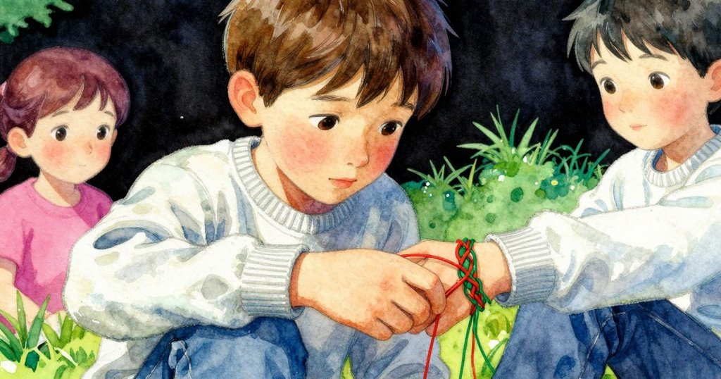 克萊德的手指輕扣紅線,細緻展示手鍊工藝與線材張力,情節漸入細節描寫。