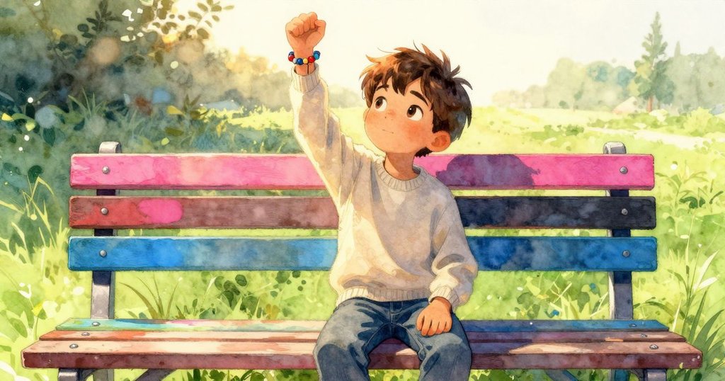 克萊德在黃昏溫暖光芒中舉起半完成手鍊,光影交織,展示創作完成的喜悅與成就感,故事圓滿結局。