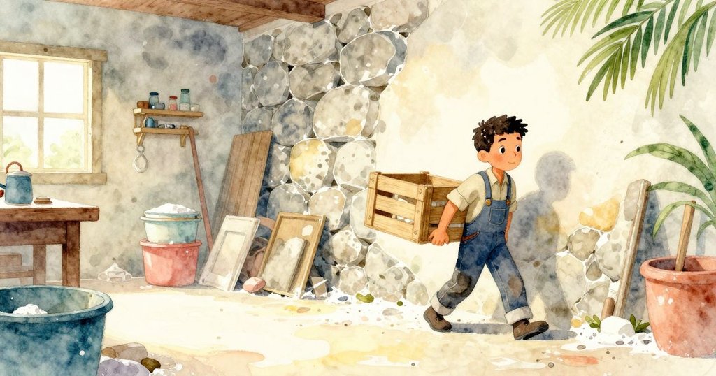 jarvis推著重箱子靠在石牆上，麵粉飛揚，工坊環境中充滿努力與挑戰的氛圍