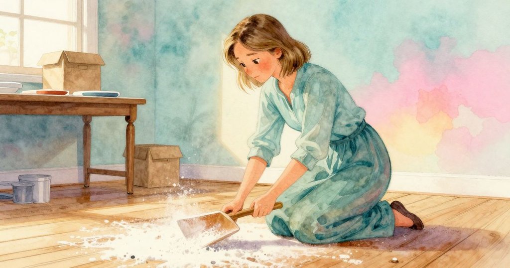 vivian在打包桌旁仔細掃著麵粉灑落的地板，動作專注，現場溫馨而忙碌