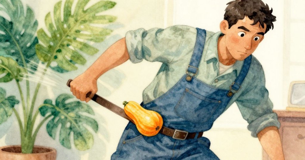 jarvis用南瓜制止震動皮帶的晃動，近距離捕捉皮帶動態與南瓜穩固效果，充滿動感與決心