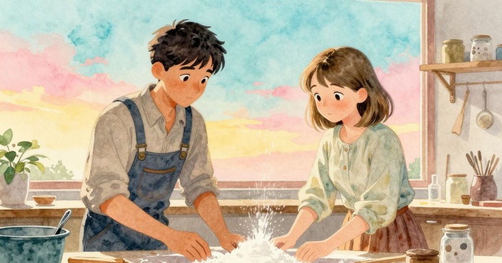 jarvis與vivian在寧靜工坊中欣賞修復成果，麵粉輕柔落入收集箱，場面溫暖安詳，滿是成就感