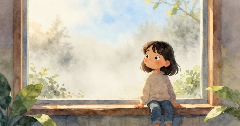 梅在清晨的房間裡站在朦朧窗邊，注視著擺放著杯子和冰冷湯匙的窗台，光線柔和，充滿期待