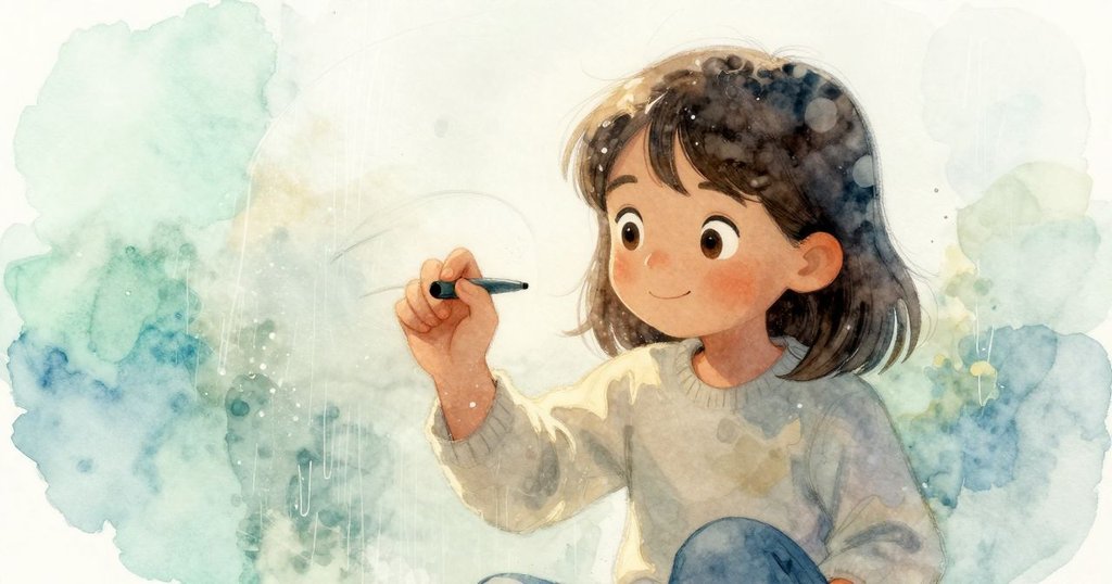 梅專注地用指尖在起霧的玻璃上輕觸，留下閃爍水痕，臉上流露出認真與溫柔的神情