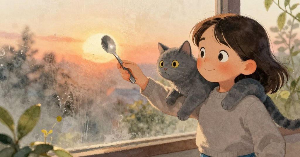 從背後看見梅正用冰冷湯匙在窗玻璃上劃出清晰線條，窗台上灰貓靜靜觀察，充滿創意與好奇