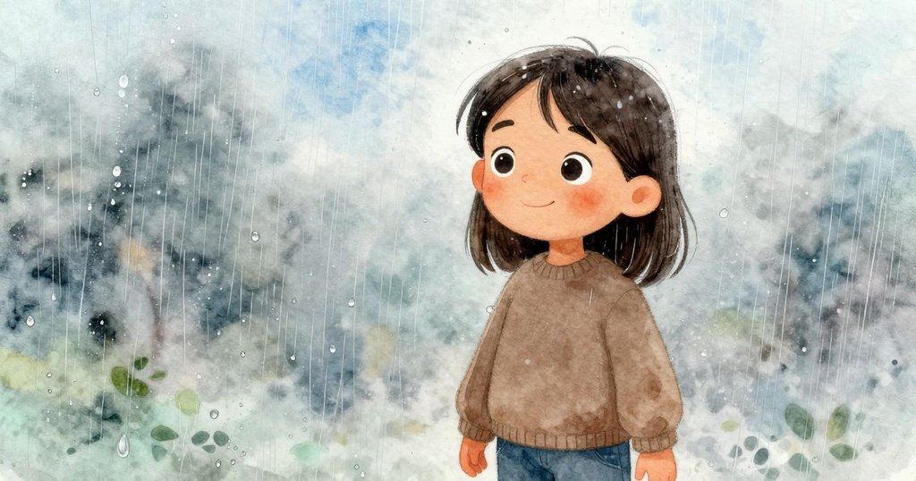 梅注視著窗上雨滴匯聚改變原本的線條，雨中情景細膩而動態，室內氛圍溫柔而略帶急切