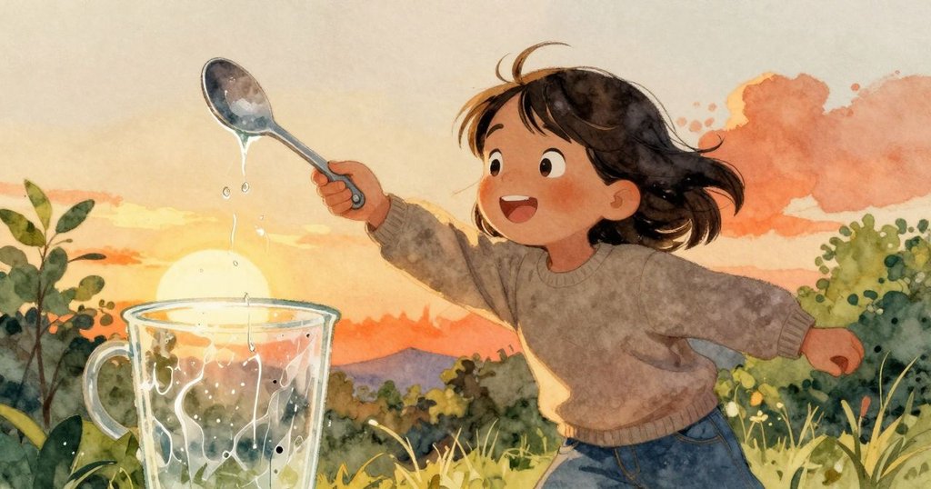 梅急忙伸手阻止滑落的湯匙，濕潤玻璃上的線條因雨滴扭曲，一刻緊張氣氛中充滿挑戰與決心