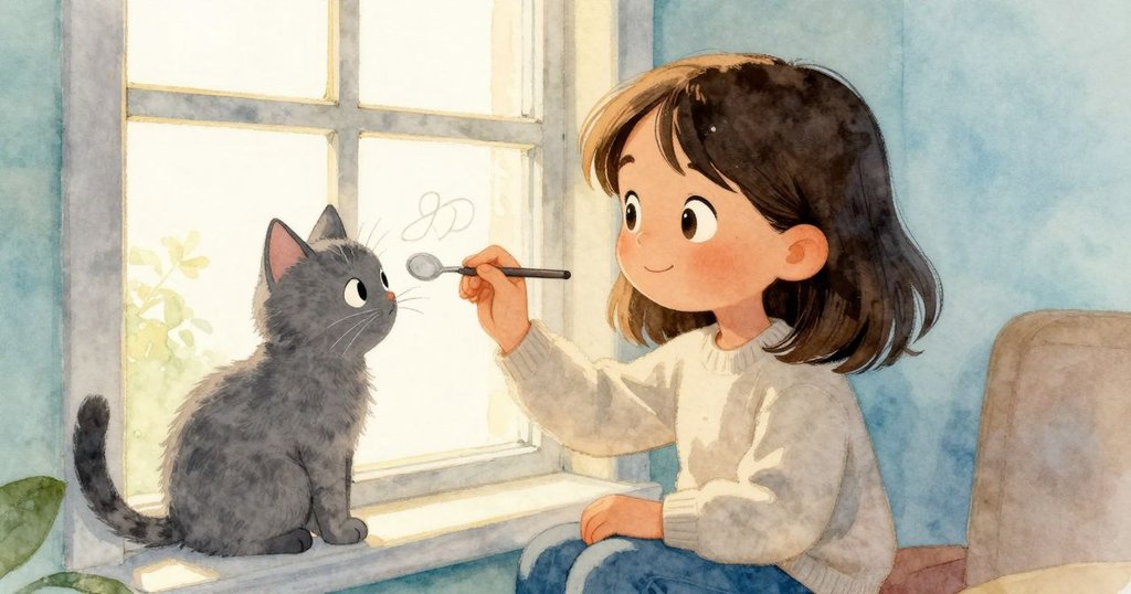 梅平靜地用湯匙完成窗上的池塘畫作，窗上蚯蚓般蜿蜒的小蝌蚪閃爍著光芒，灰貓靜觀，溫馨氛圍告別一天